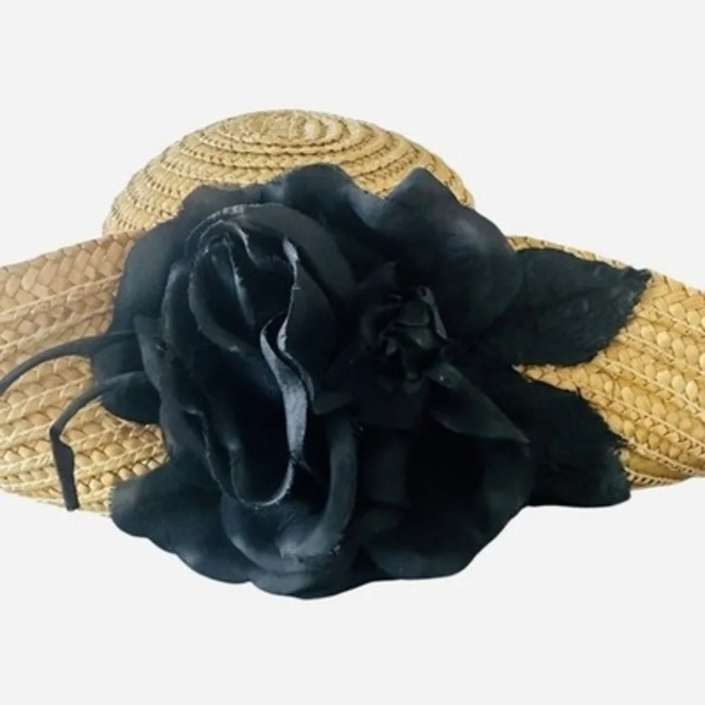 Vintage Wide Brim Natural Straw Sun Hat Black Satin Rose Flower Accent VG